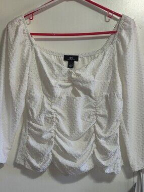 IN White Swiss Dot Ruched  Top
